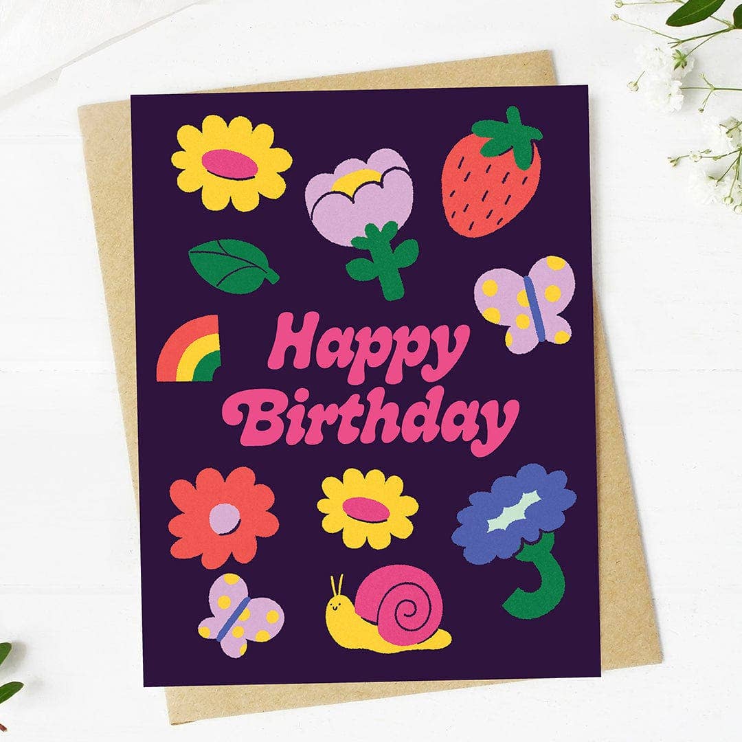 Happy Birthday Flowers & Cute Icons Spring Dark Card