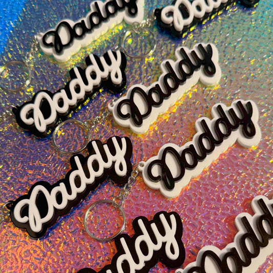 Daddy Keychain: White Letters / Black Outline