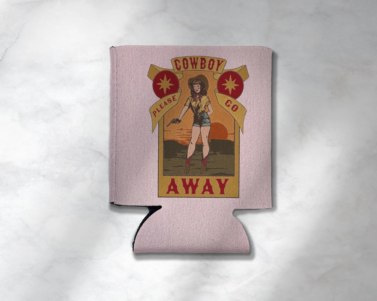 Pink Cowboy Please Go Away Koozie