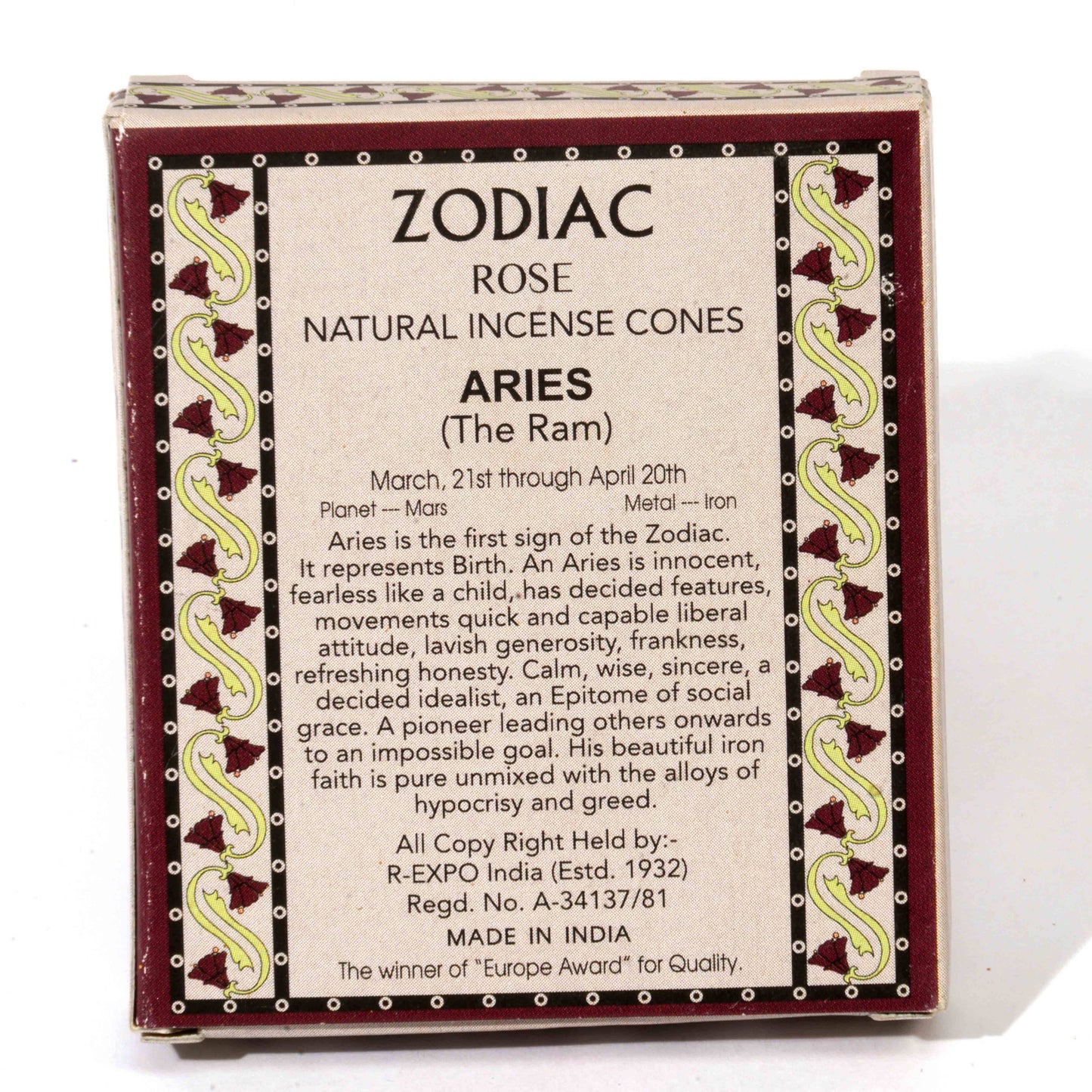 Aries Rose Scent Zodiac Incense Cones, Set of 16