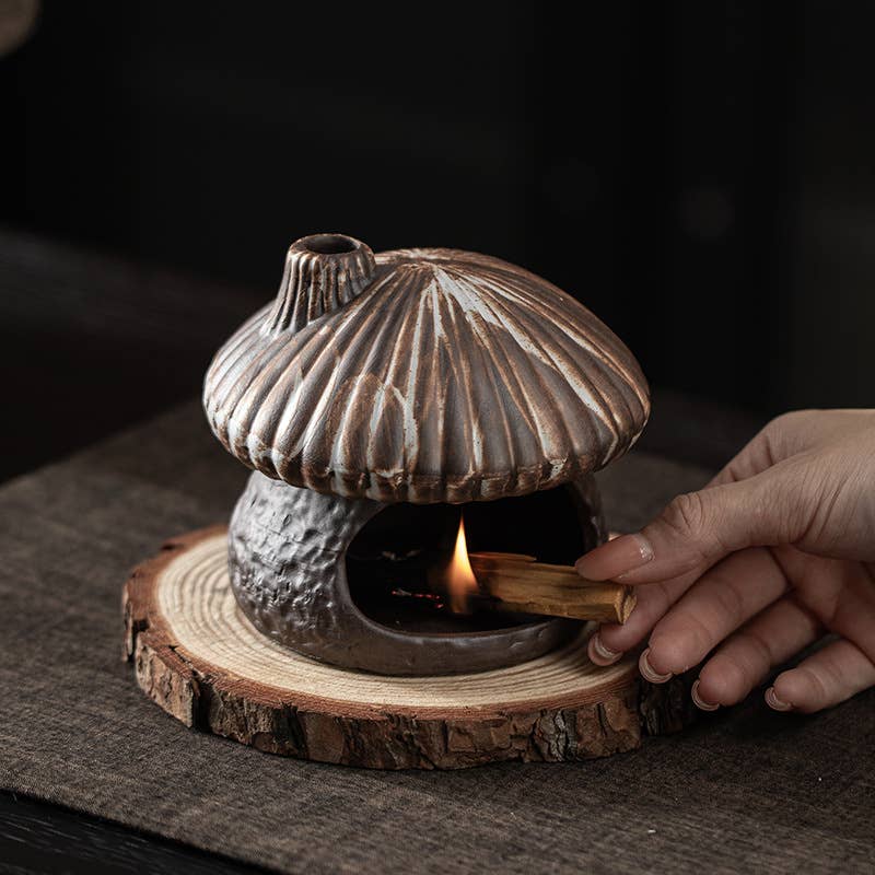 Brown Ceramic Mushroom House Back Flow Incense Cone Burner