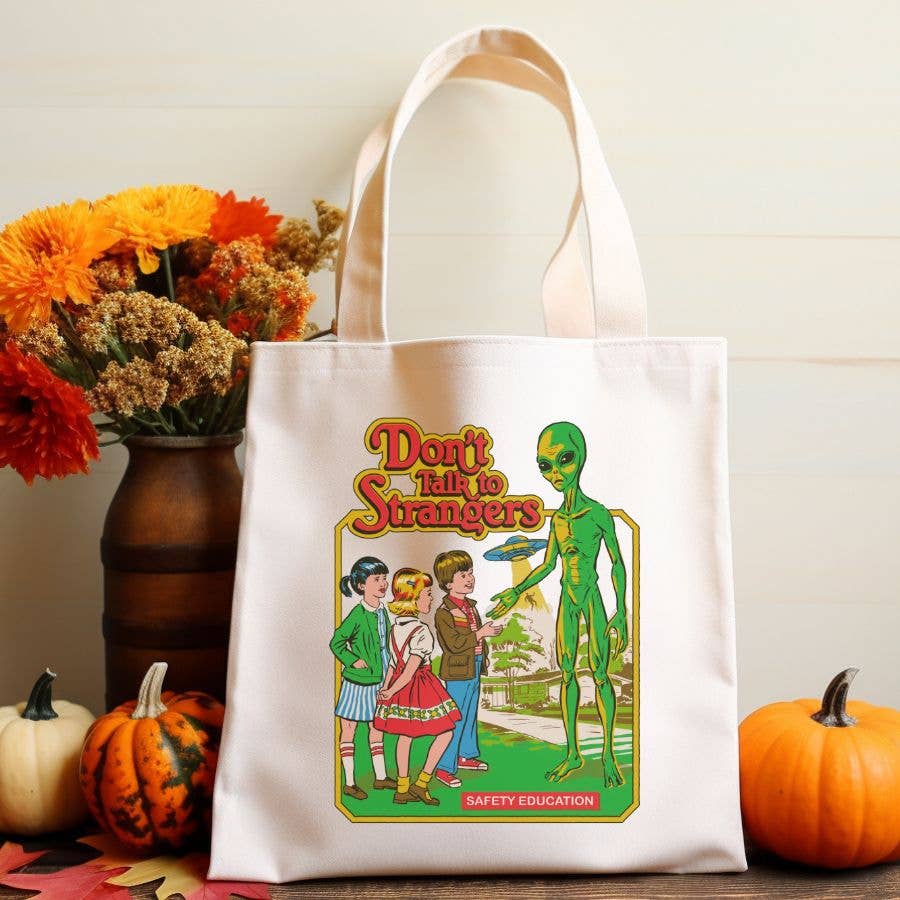Don't Talk to Strangers Retro Alien Halloween Canvas Tote