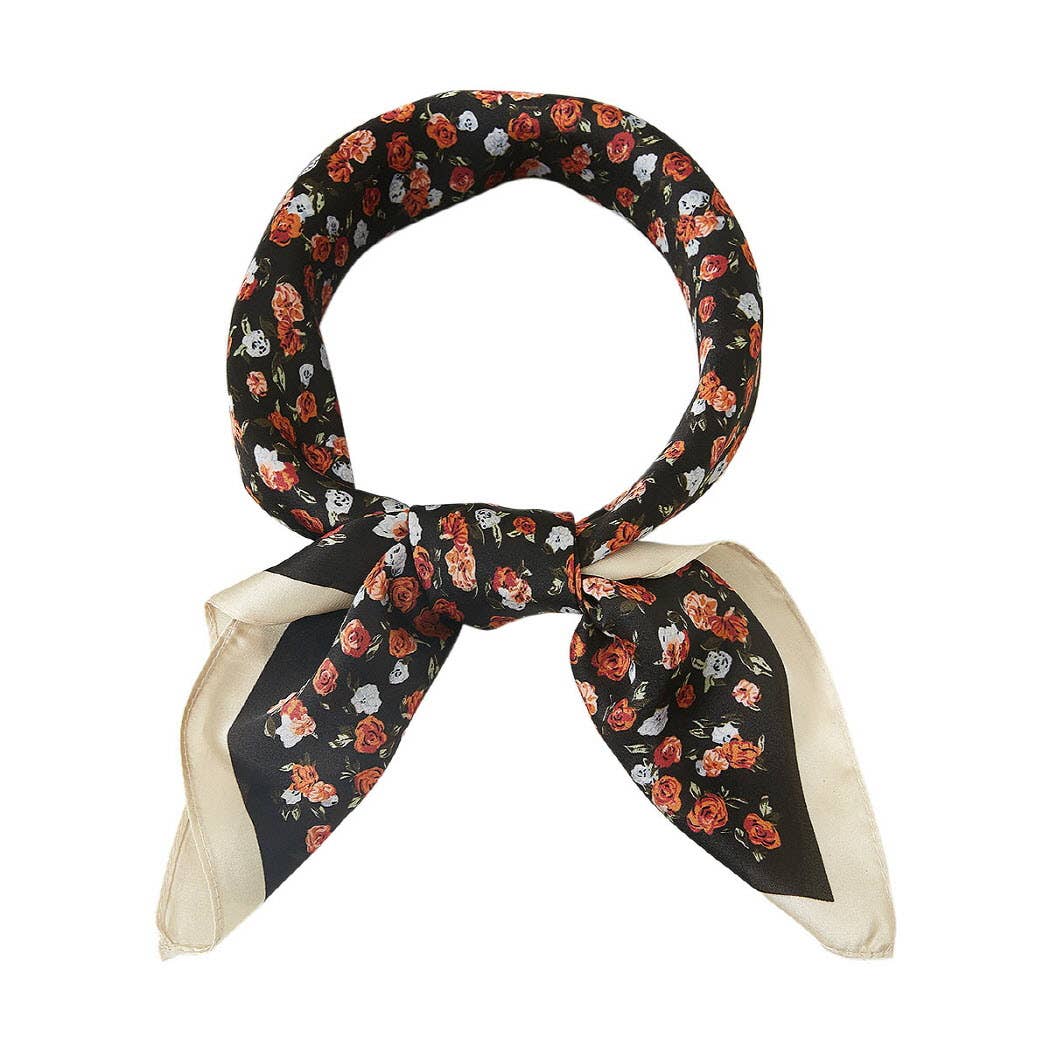 Black Mini Floral Pattern Silky Square Scarf