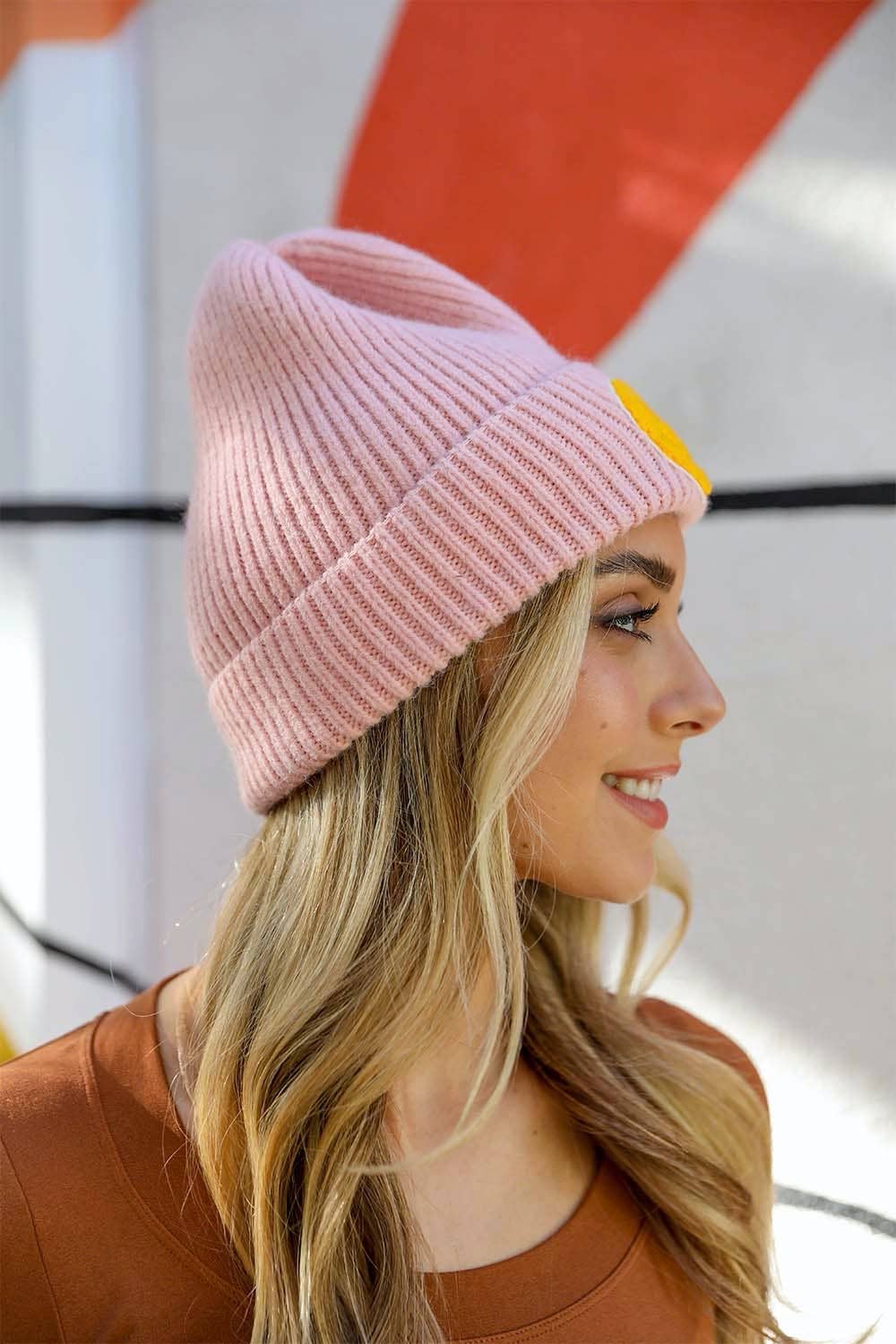 Pink Smiley Face Ribbed Beanie