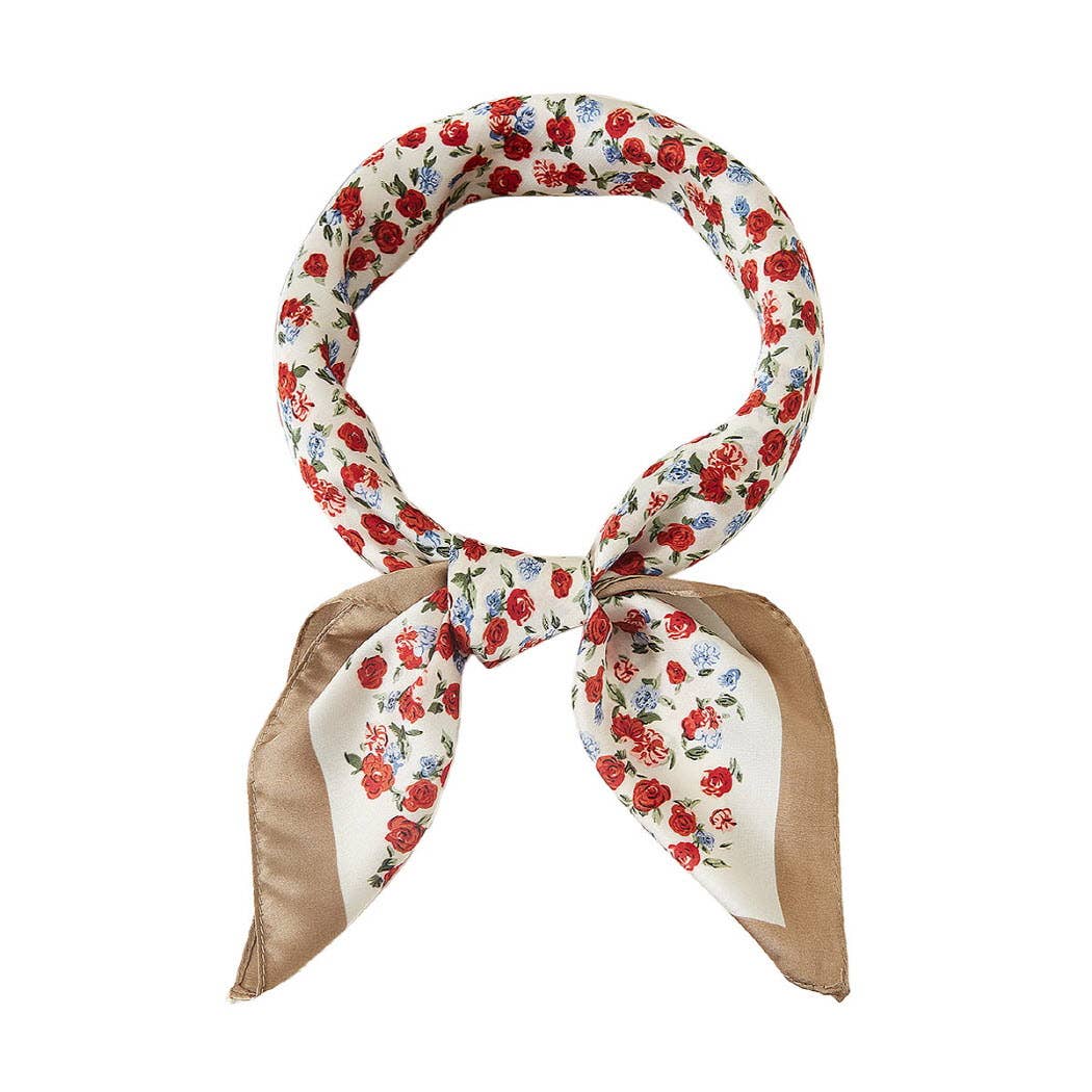Tan Mini Floral Pattern Silky Square Scarf