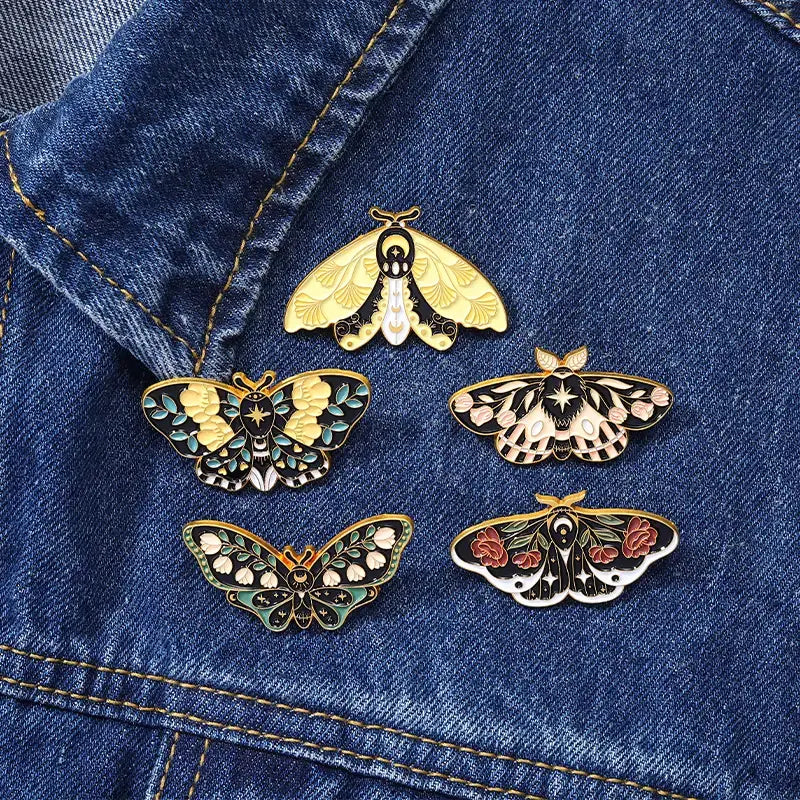 Green/Black/White Floral Moth Butterfly Enamel Pins