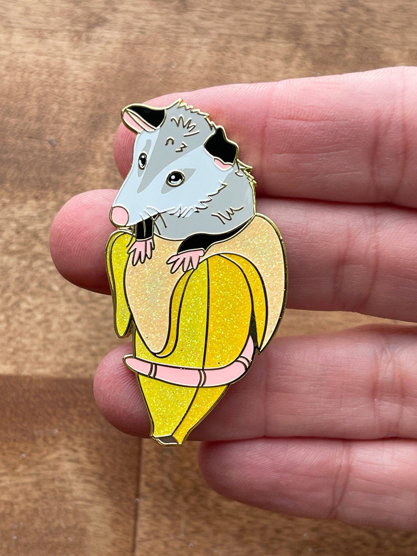 Glitter Banana Pocket Opossum Hard Enamel Pin