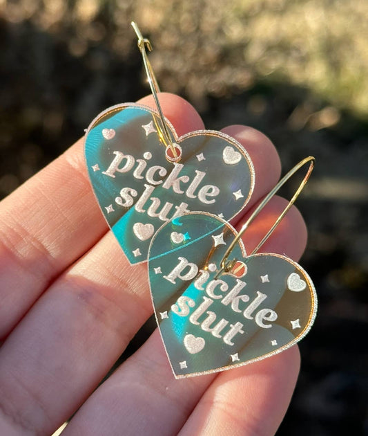 Pickle Slut Iridescent Heart Hoop Earrings: Golden Surgical Steel