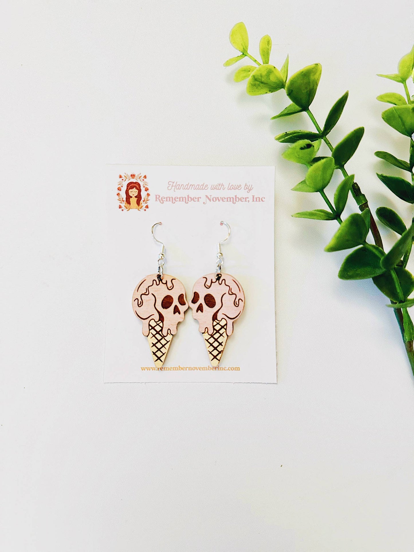 Skull Ice Cream Earrings, Handmade, Birch Wood: Gold Hooks