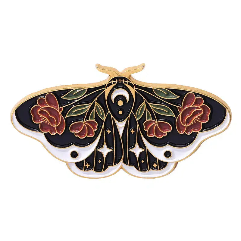 Green/Black/White Floral Moth Butterfly Enamel Pins