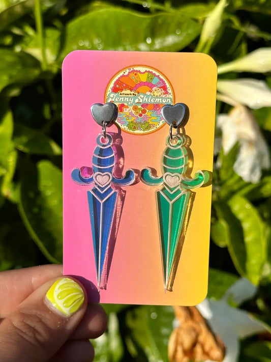 Iridescent Heart Dagger Earrings: Silver