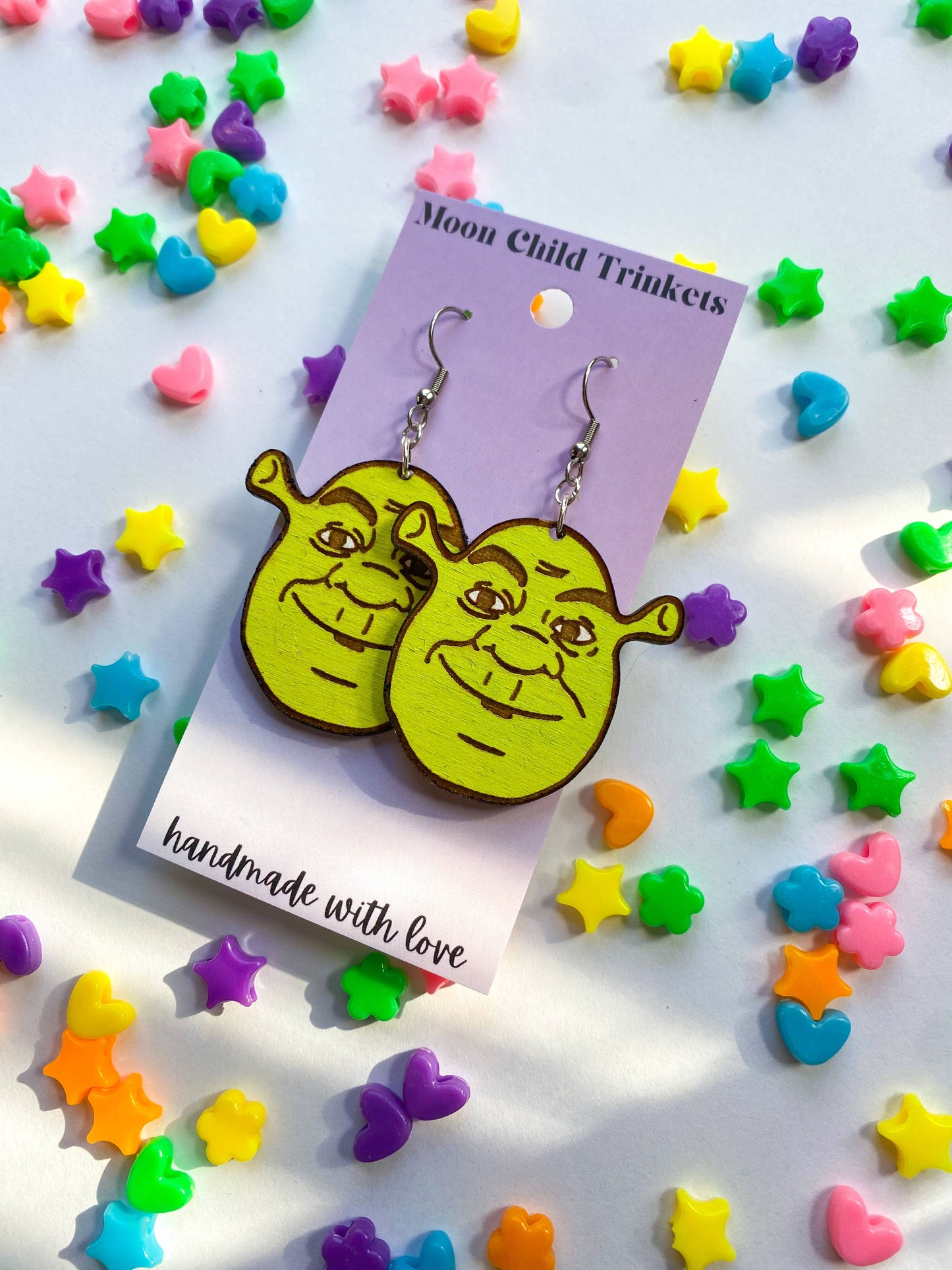 Y2K Shrek Inspired Hand Painted Wood Dangle Earrings