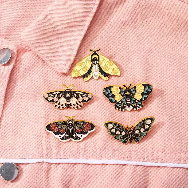 Green/Black/White Floral Moth Butterfly Enamel Pins