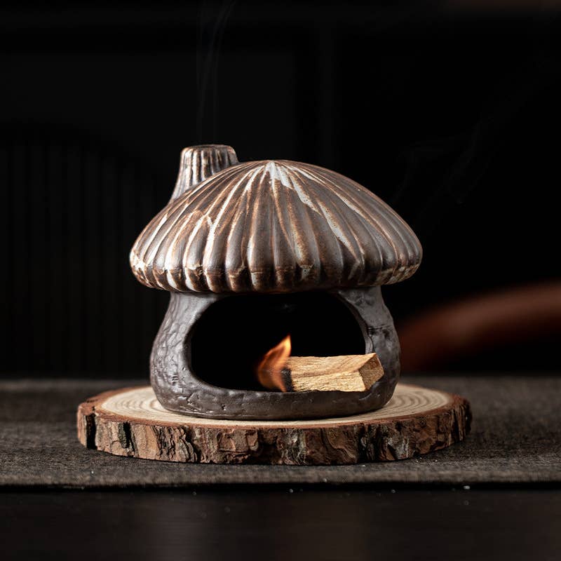 Brown Ceramic Mushroom House Back Flow Incense Cone Burner