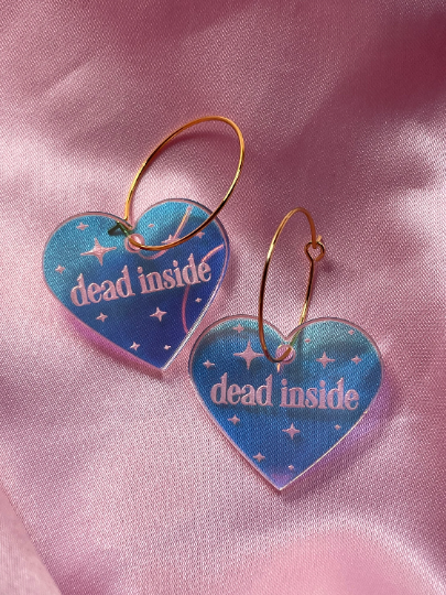 Dead Inside Iridescent Heart Hoop Earrings: Golden Surgical Steel