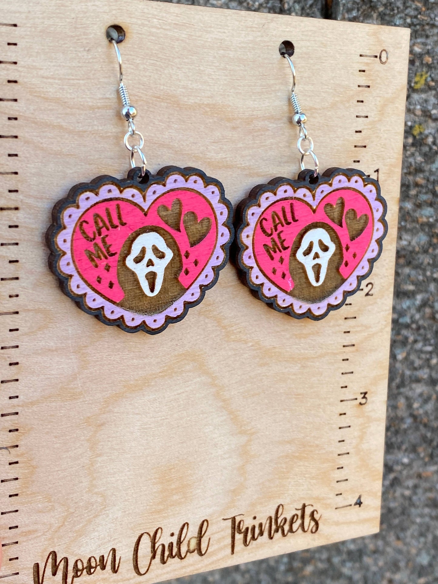 Ghost Face Horror Valentine Hand Painted Wood Earrings