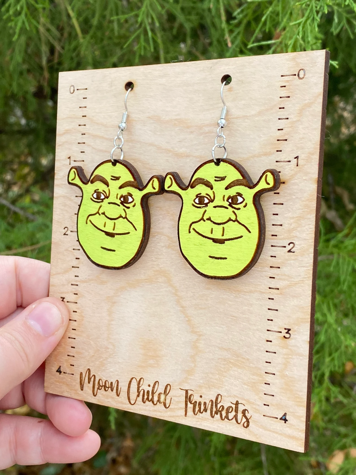 Y2K Shrek Inspired Hand Painted Wood Dangle Earrings