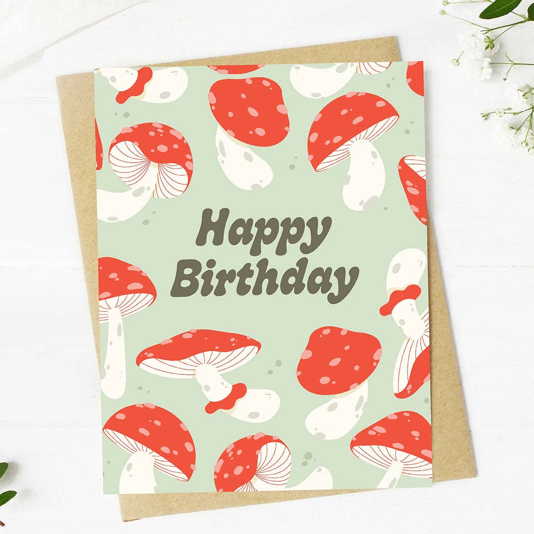 Happy Birthday Mushroom Pattern Greeting Card