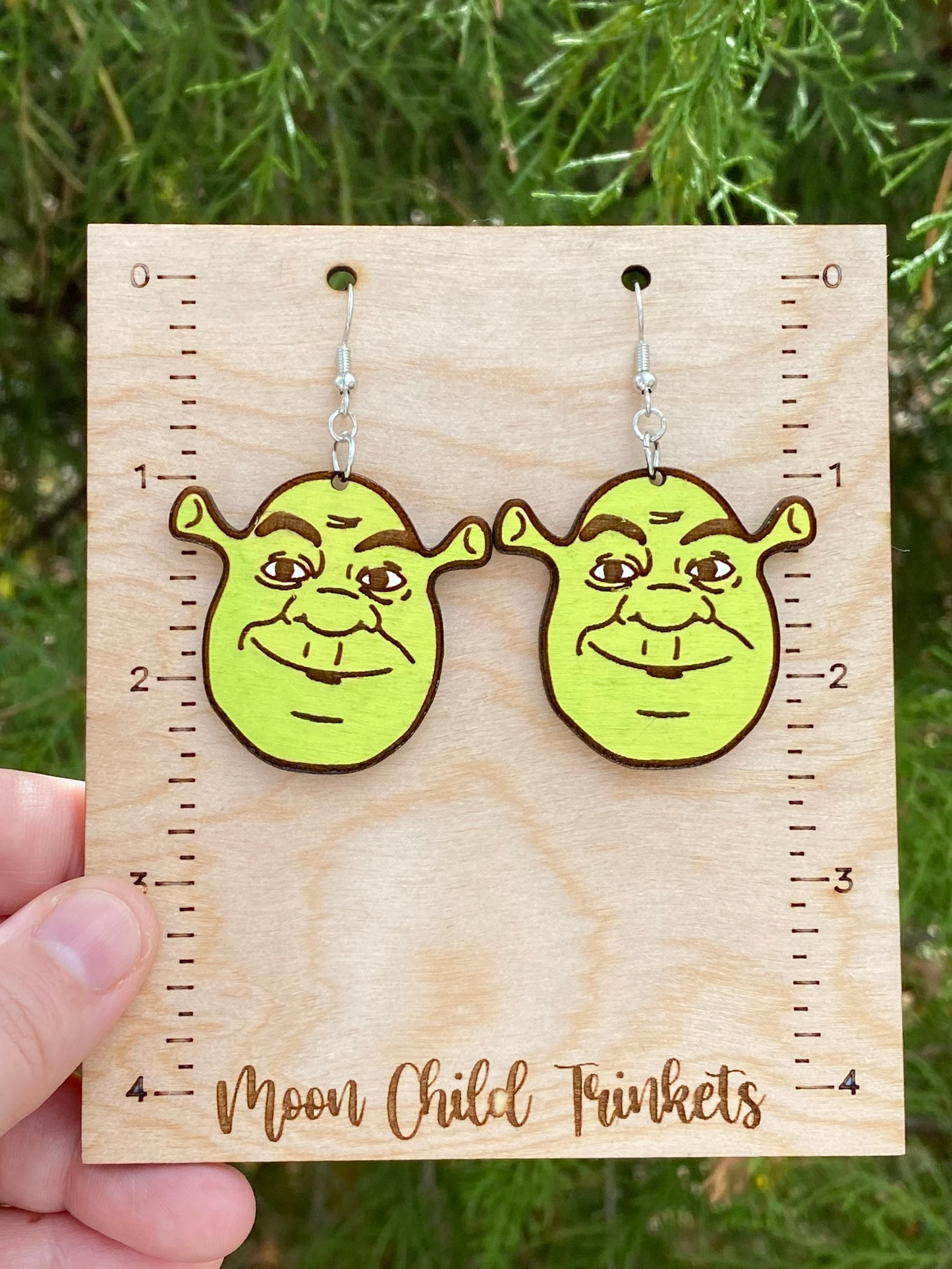 Y2K Shrek Inspired Hand Painted Wood Dangle Earrings