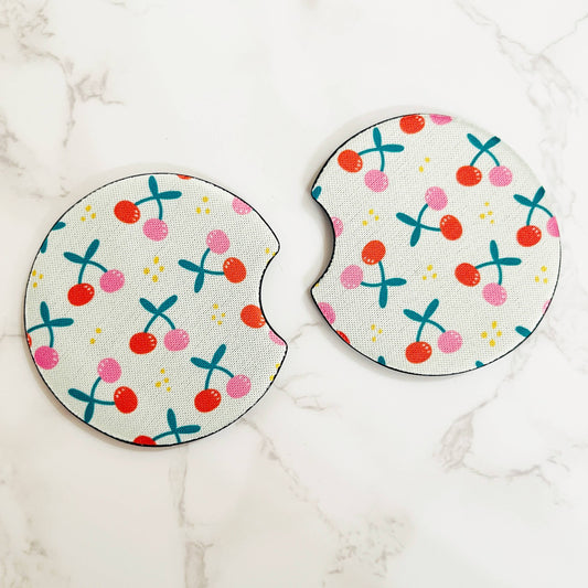 Red and Pink Cherries Pattern Car Coasters, Set of 2