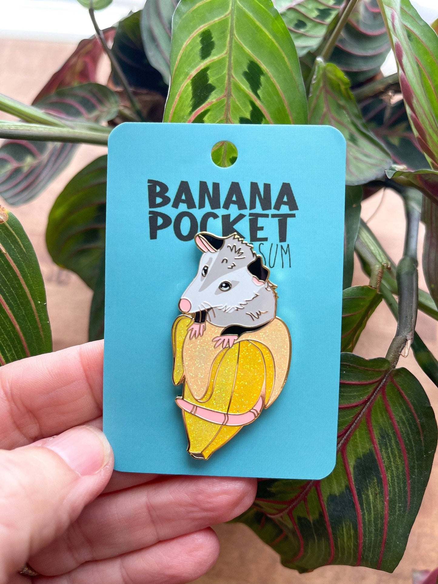 Glitter Banana Pocket Opossum Hard Enamel Pin