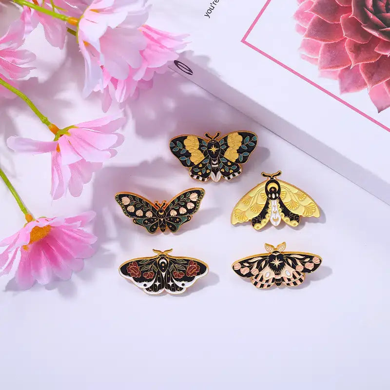 Green/Black/White Floral Moth Butterfly Enamel Pins