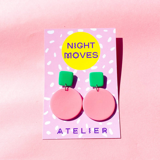 Seafoam and Pink Polymer Clay Colour Block Dangle Earrings