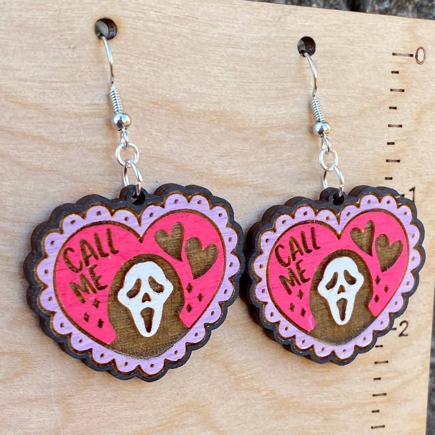 Ghost Face Horror Valentine Hand Painted Wood Earrings