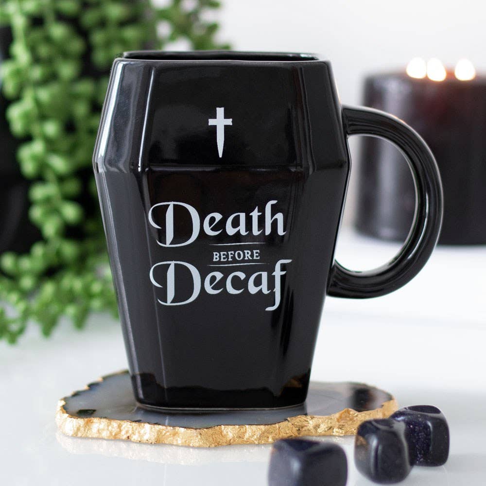 Gothic Halloween Death Before Decaf Coffin Coffee Mug