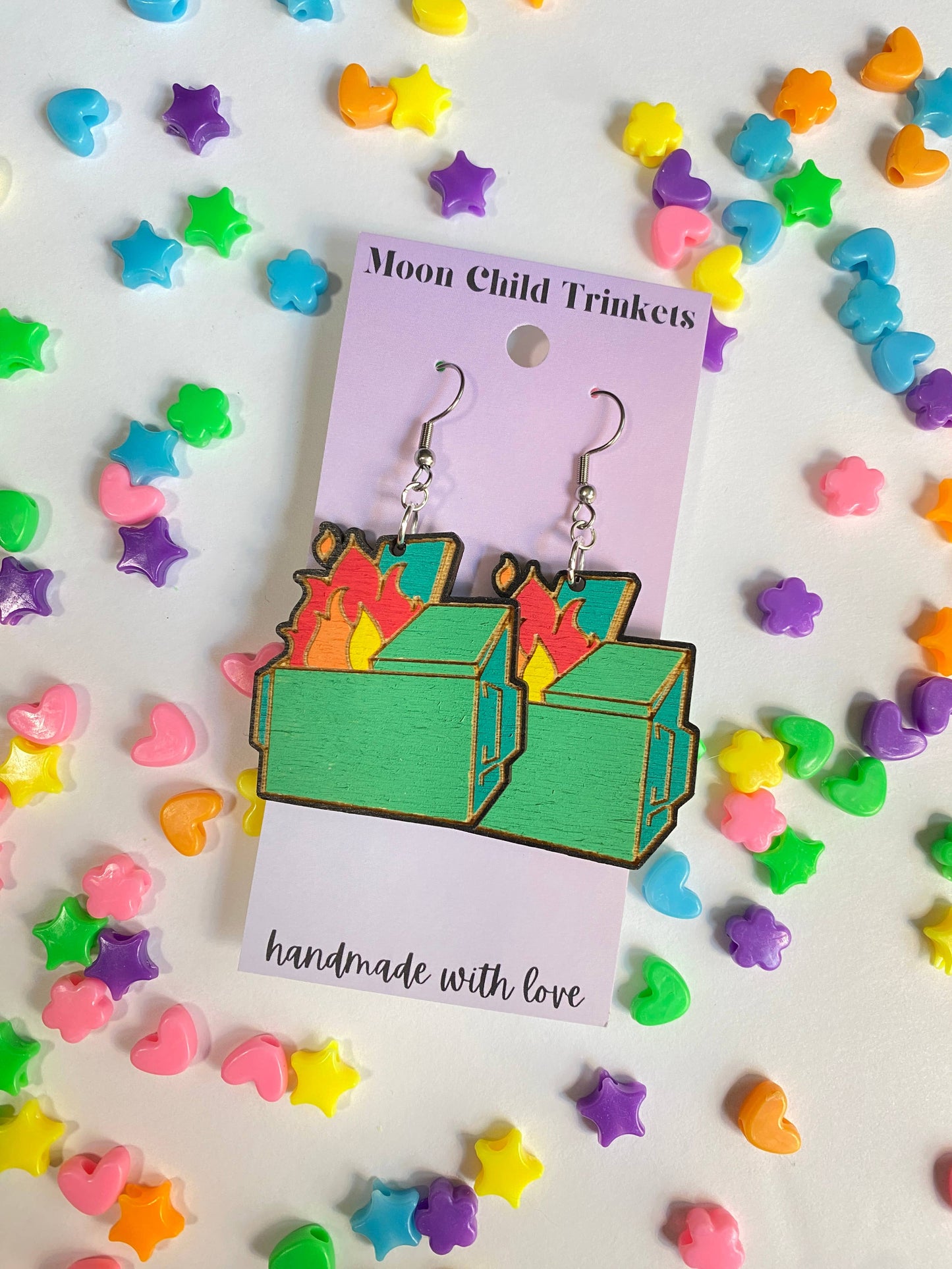 Dumpster Fire Funny Hand Painted Wood Dangle Earrings