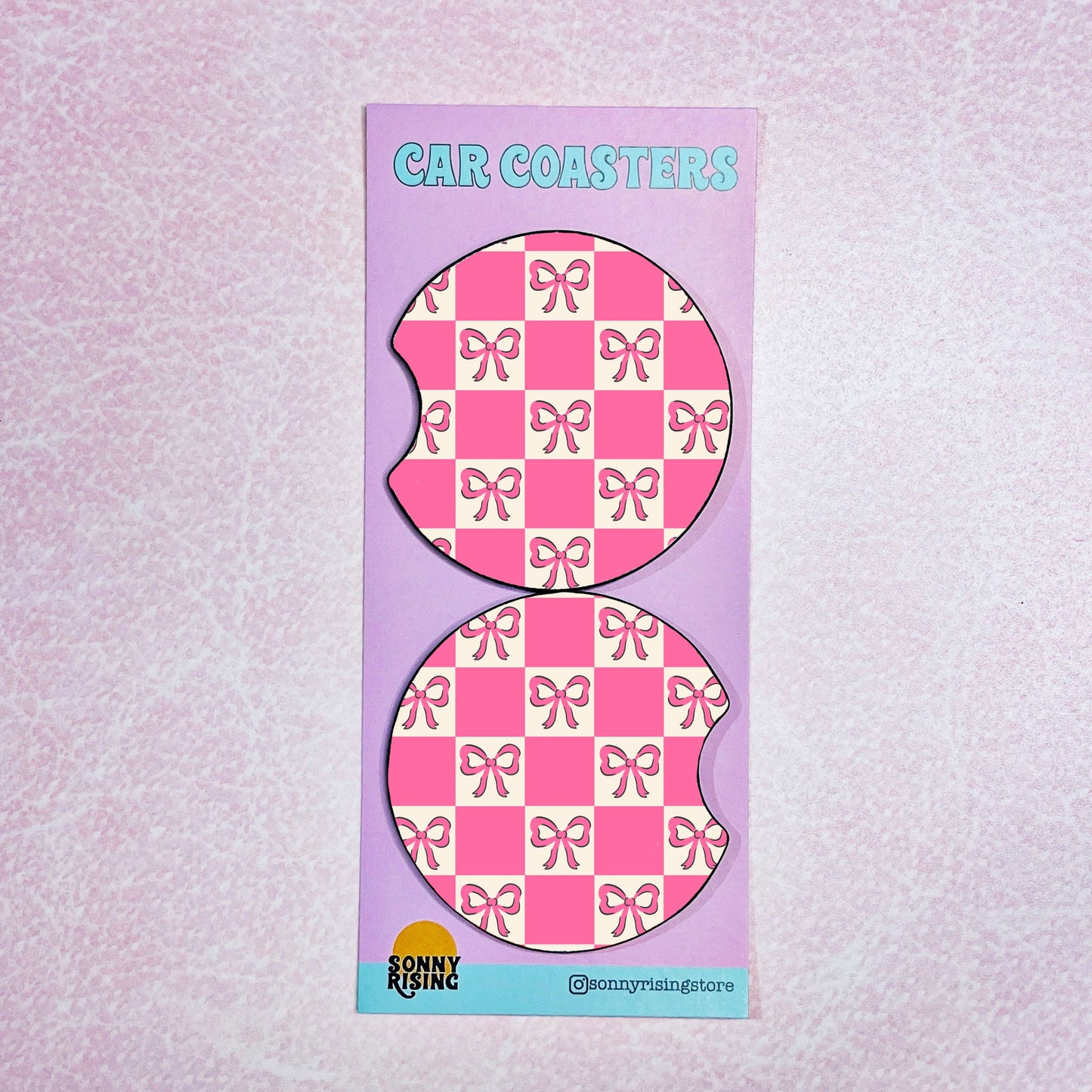 Pink Coquette Bows and Checkers Car Coasters, Set of 2