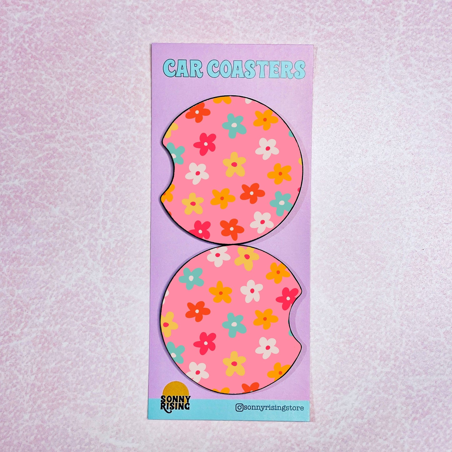 Bright Pink Floral Pattern Car Coasters, Set of 2