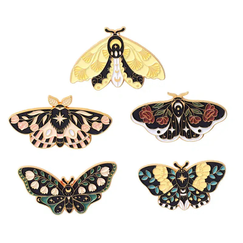 Green/Black/White Floral Moth Butterfly Enamel Pins