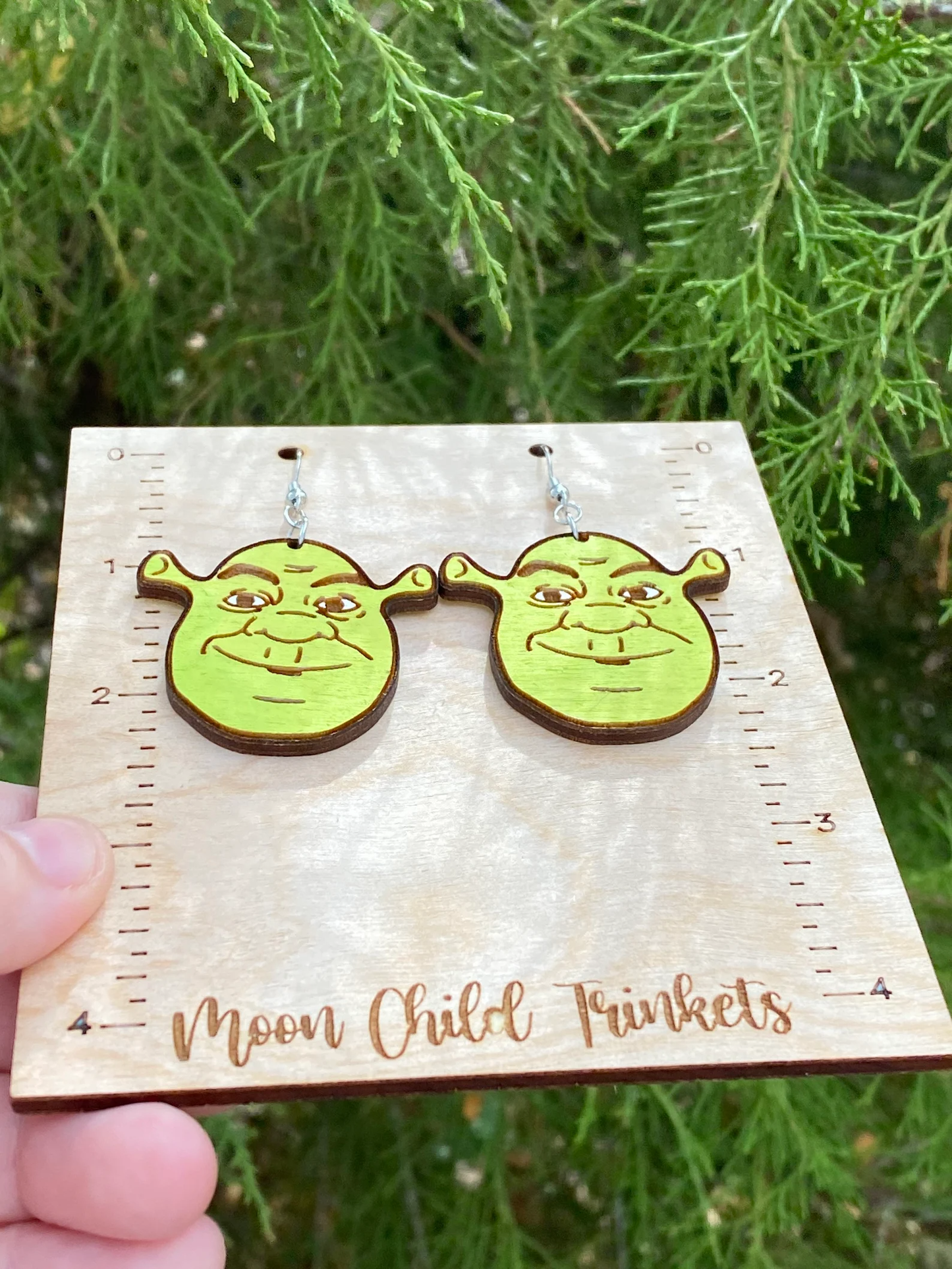 Y2K Shrek Inspired Hand Painted Wood Dangle Earrings