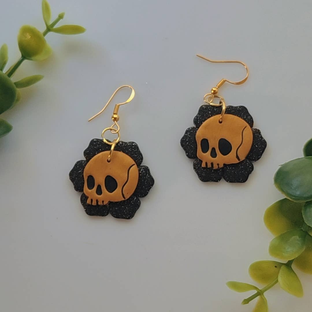 Gold Skull Flower Dangle Earrings