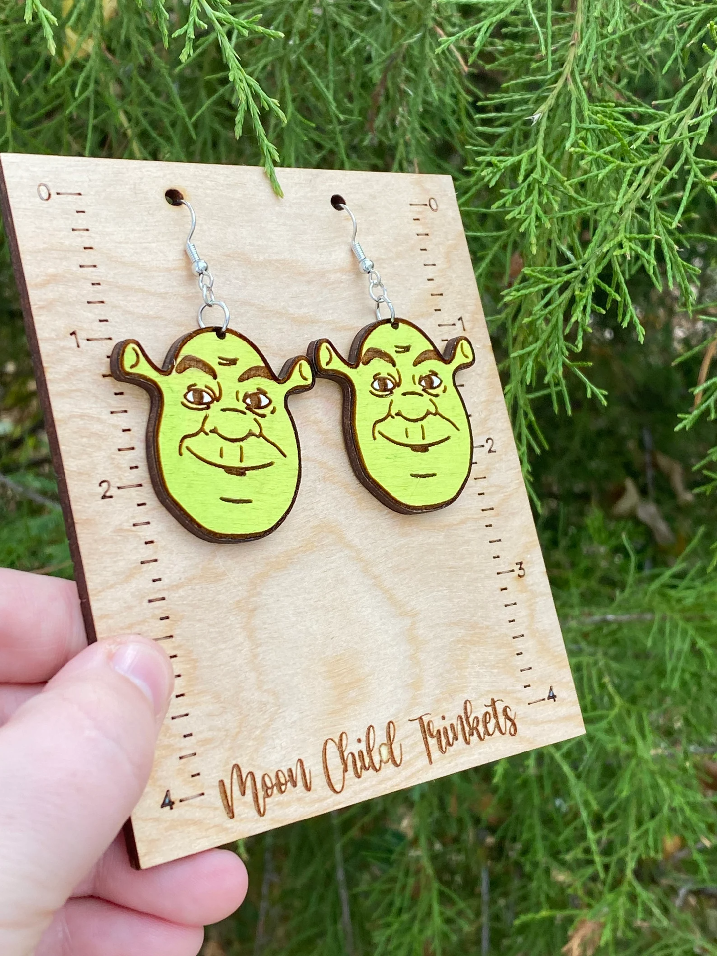 Y2K Shrek Inspired Hand Painted Wood Dangle Earrings