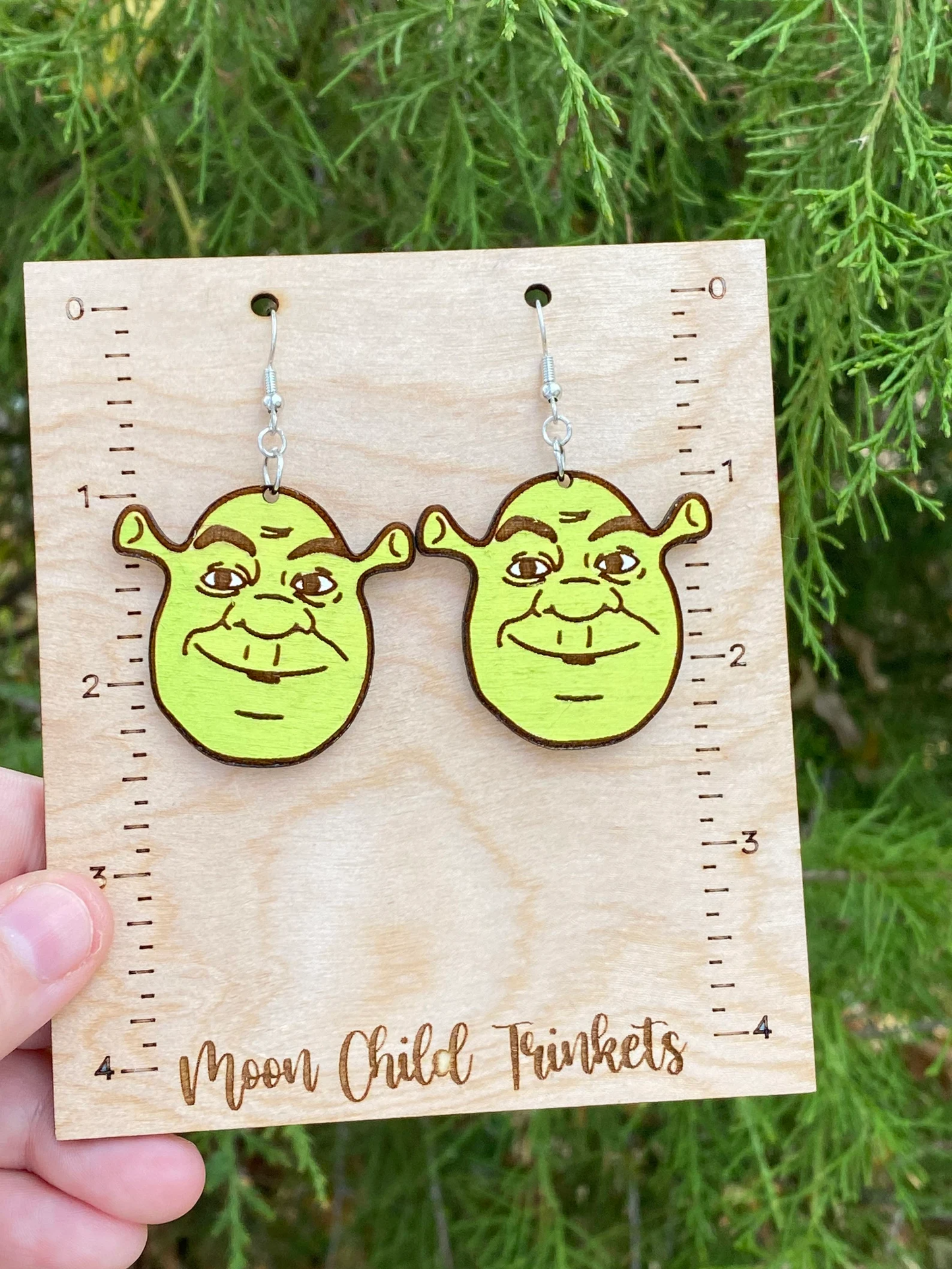 Y2K Shrek Inspired Hand Painted Wood Dangle Earrings