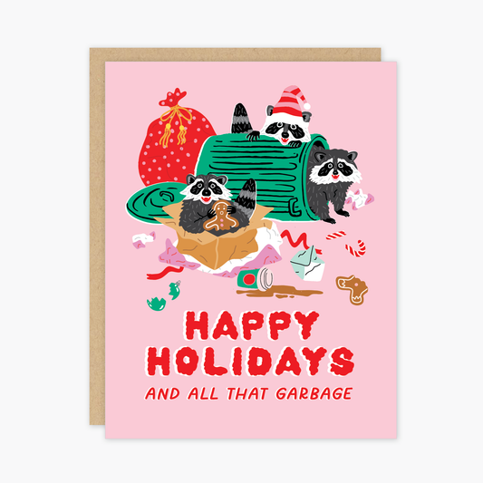 Pink Raccoons Christmas Holiday Greeting Card