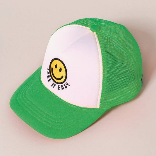 Green Take It Easy Happy Face Trucker Hat
