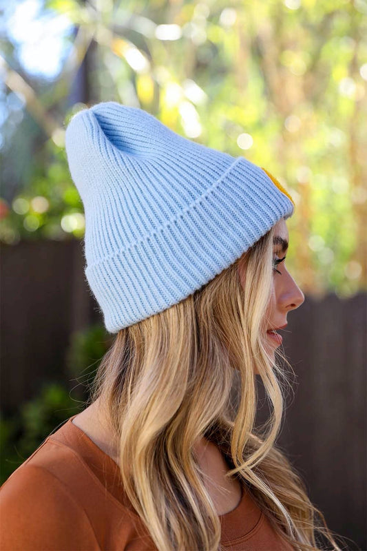 Light Blue Smiley Face Ribbed Beanie