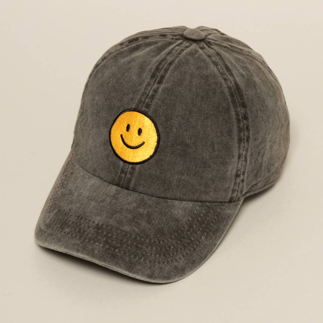 Black Happy Face Embroidered Baseball Hat