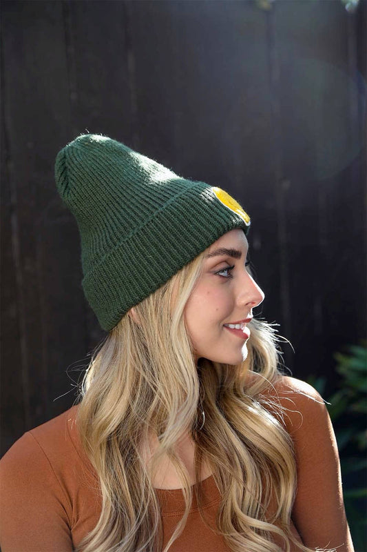 Olive Smiley Face Ribbed Beanie