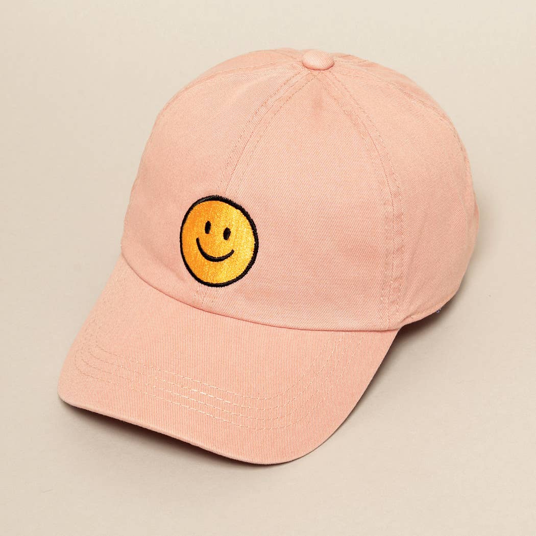 Dusty Pink Happy Face Embroidered Baseball Hat