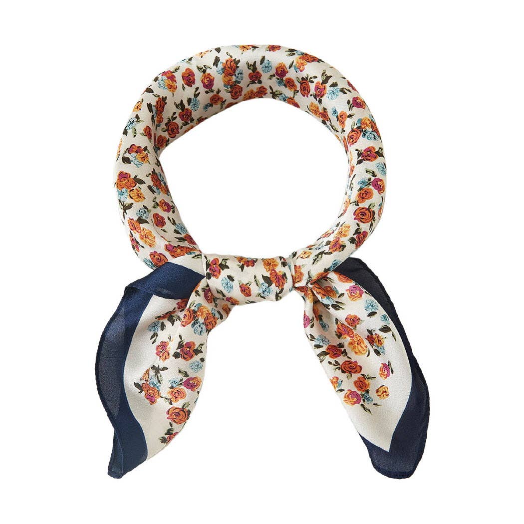 Navy Mini Floral Pattern Silky Square Scarf