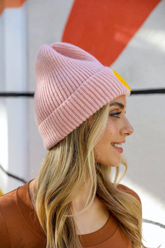 Pink Smiley Face Ribbed Beanie