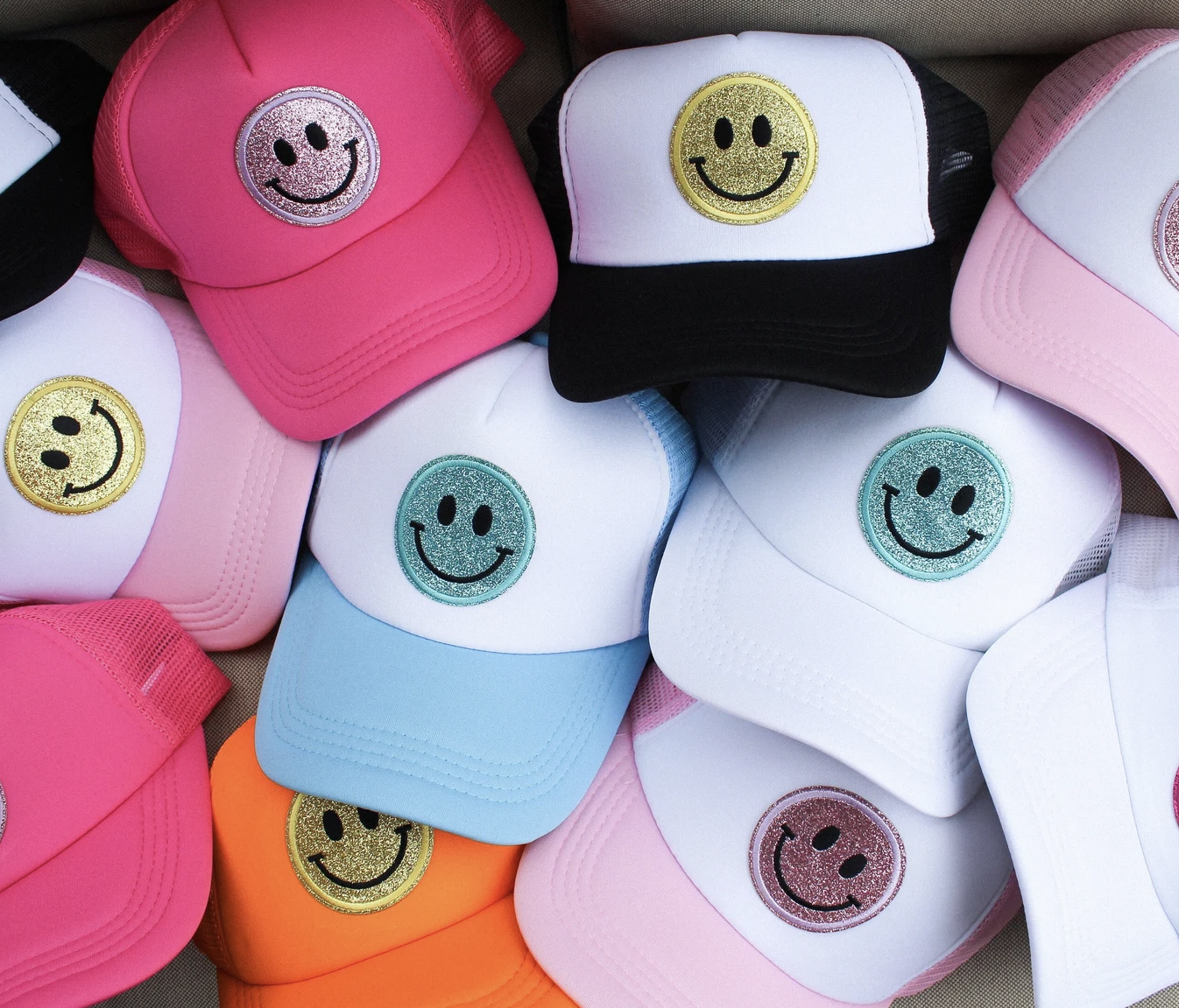 Glitter Smiley Face Trucker Hat, Assorted Colors
