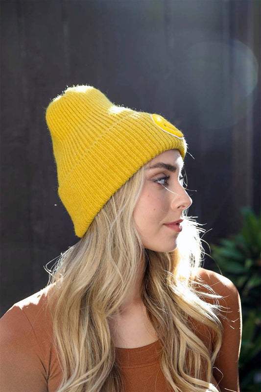 Mustard Smiley Face Ribbed Beanie