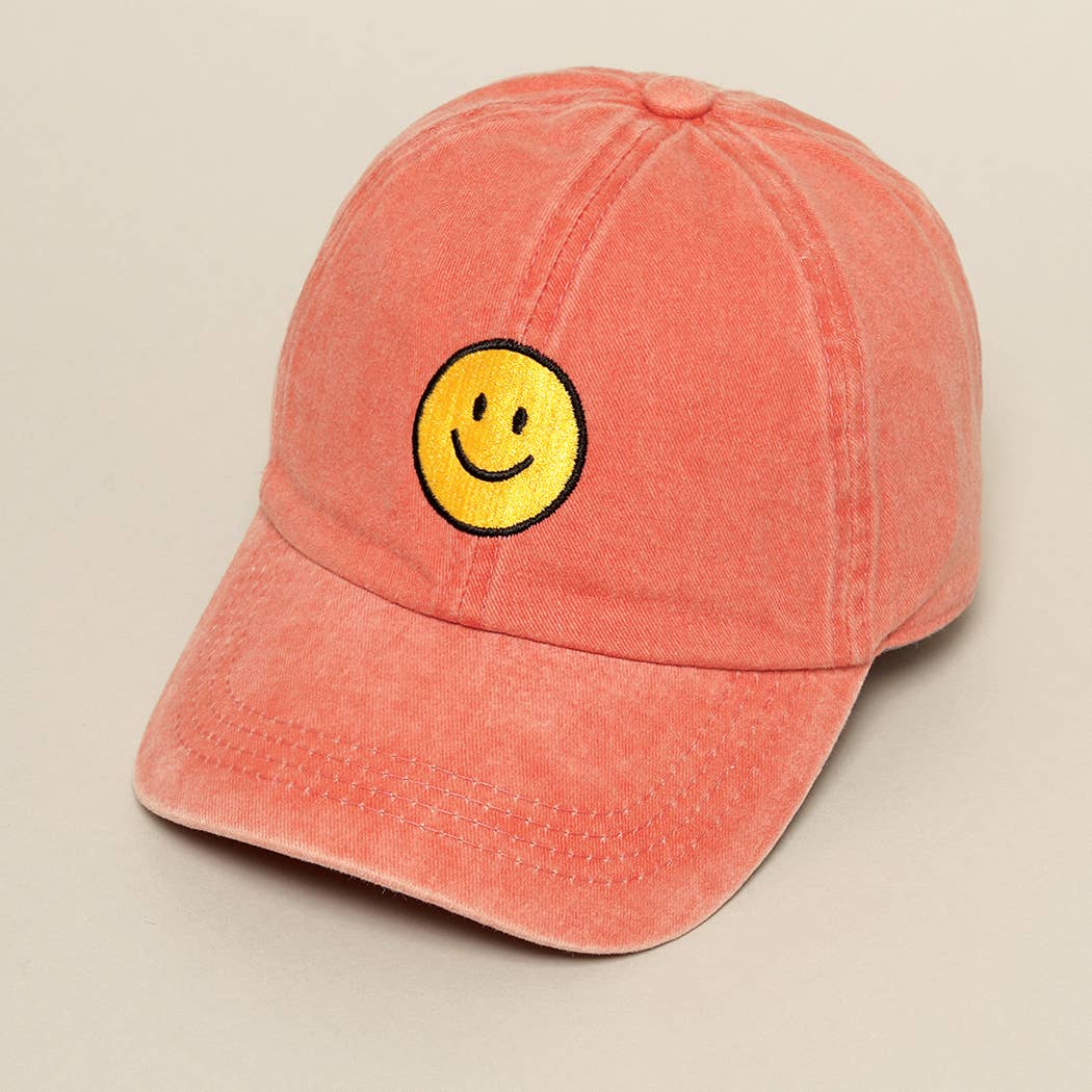 Burnt Orange Happy Face Embroidered Baseball Hat