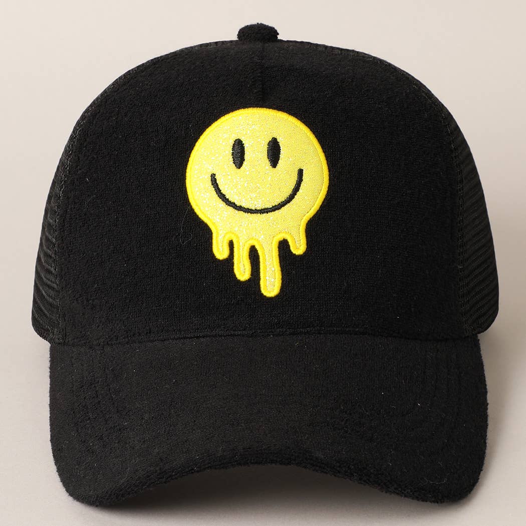 Black Trippy Smiley Face Terry Mesh Baseball Hat